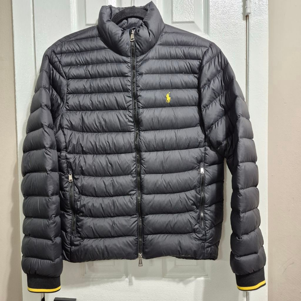 Men's Polo Ralph Lauren Black Puffer Jacket S with Yellow Accents sz sm